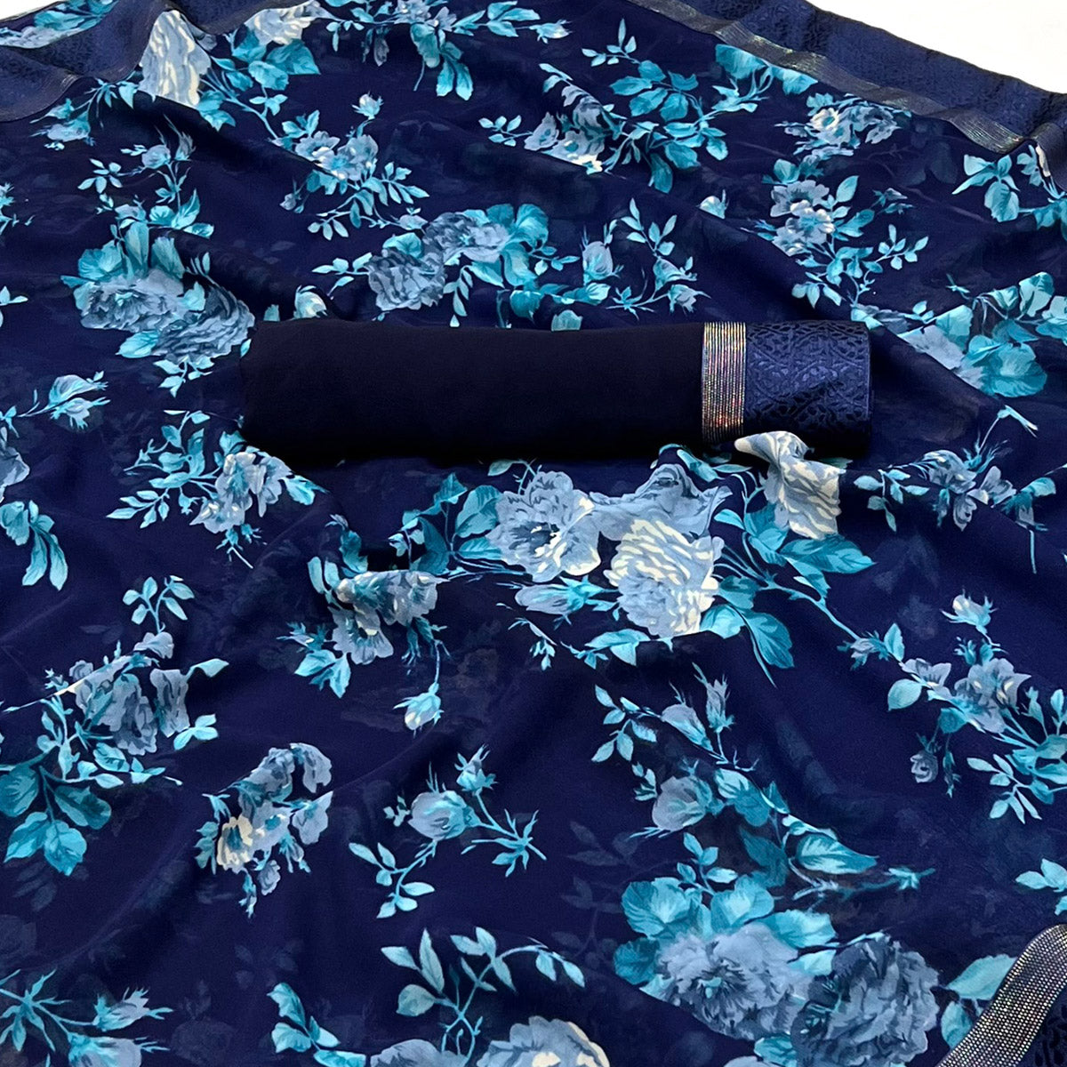 Navy Blue Floral Printed Georgette Saree