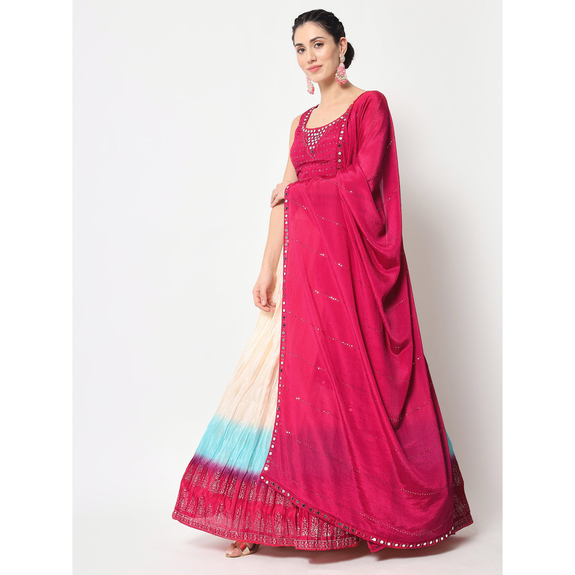 Cream Foil Printed Chiffon Lehenga Choli