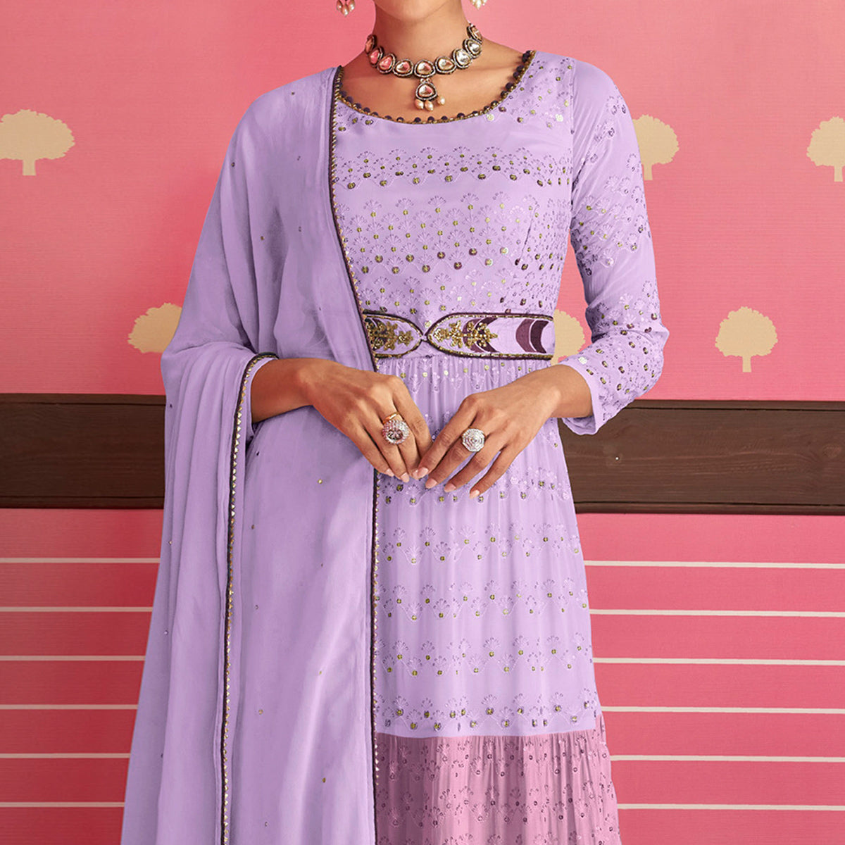 Violet Sequins Embroidered Georgette Naira Cut Suit