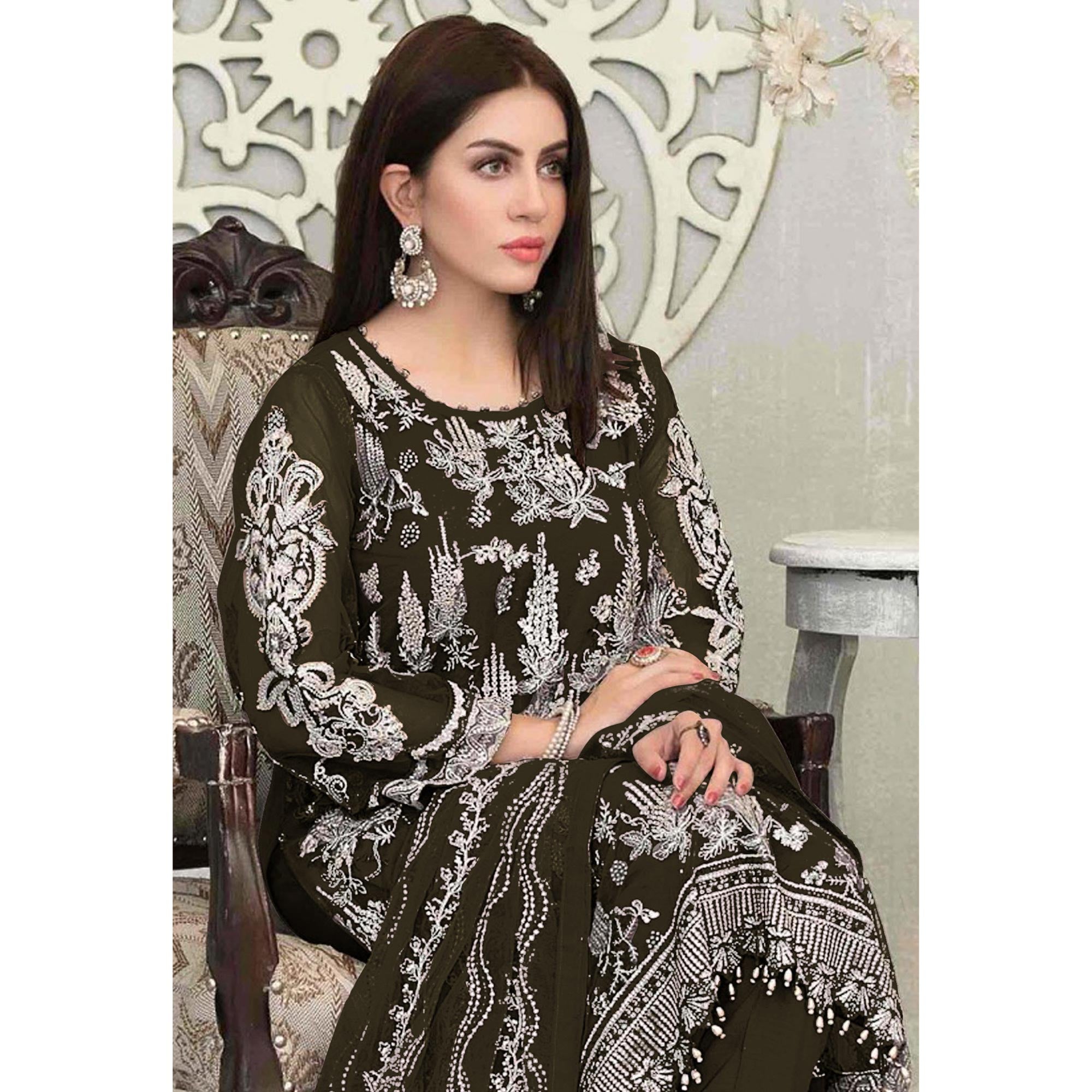 Mahendi Green Floral Embroidered Georgette Pakistani Suit