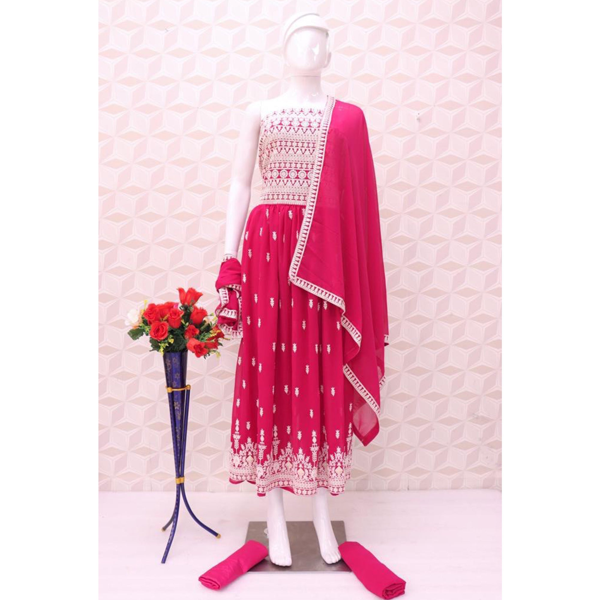Rani Pink Sequins Embroidered Georgette Semi Stitched Naira Cut Palazzo Suit