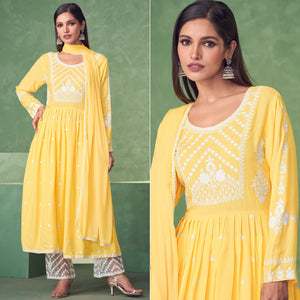 Yellow Lucknowi Work Rayon Naira Cut Palazzo Suit
