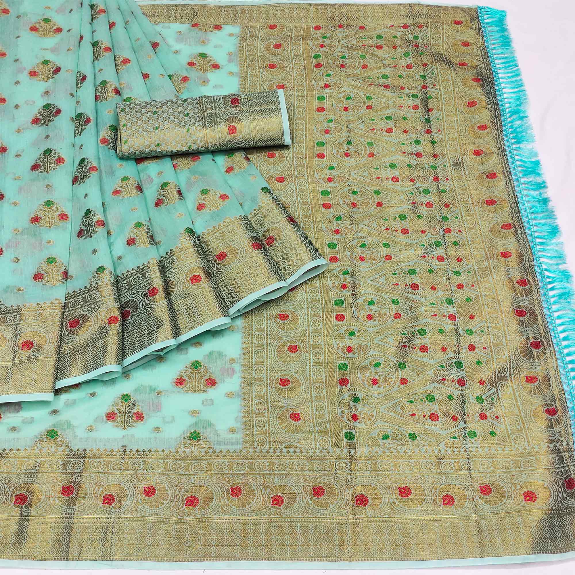 Blue Woven Cotton Blend Saree With Tassels