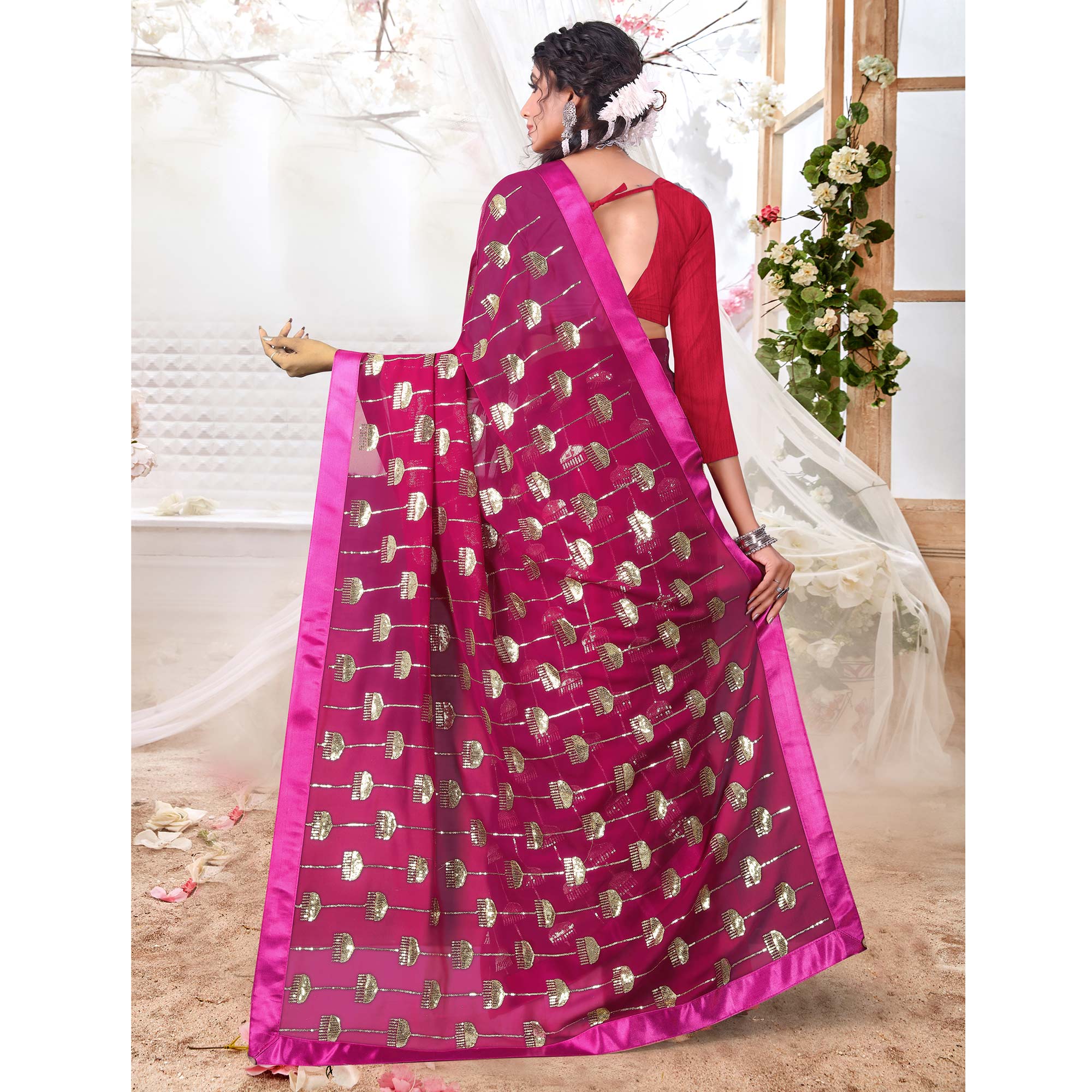 Pink Sequins Embroidered Georgette Saree