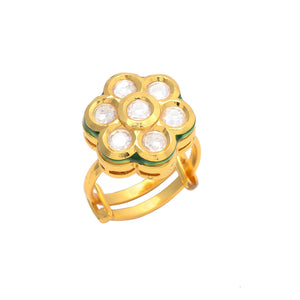 Gold Polish Kundan Meena Adjustable Ring