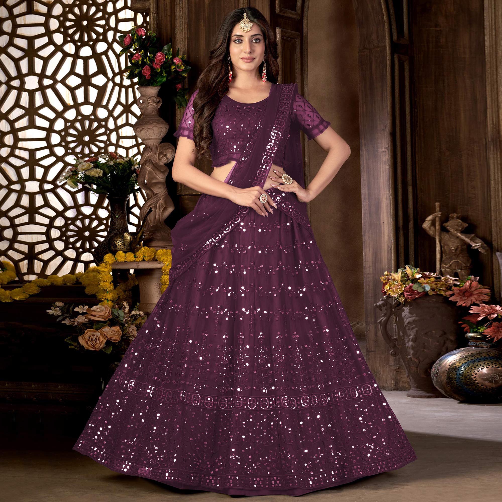 Purple Sequins Embroidered Net Lehenga Choli