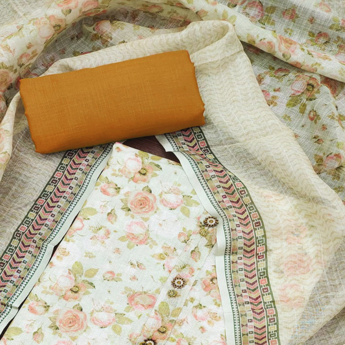 Cream Floral Digital Printed Cotton Dress Material