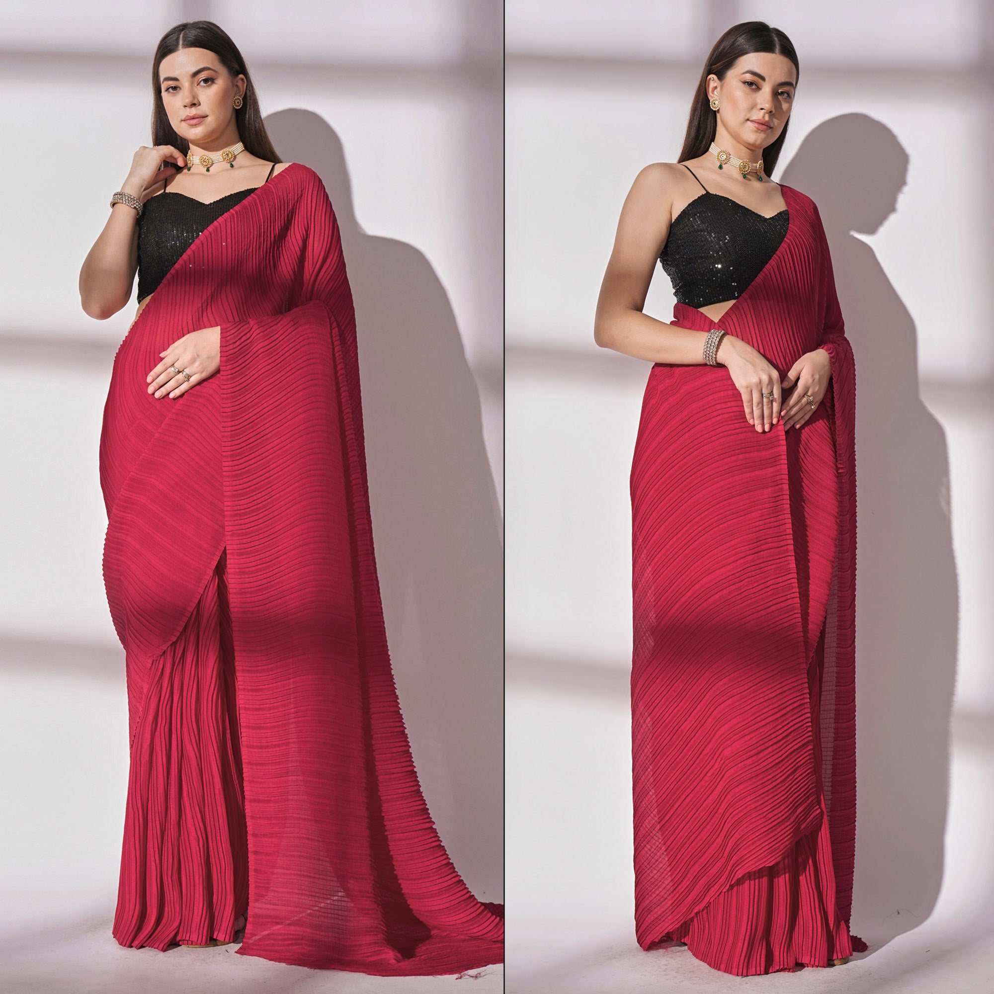 Pink Striped Pattern Georgette Saree