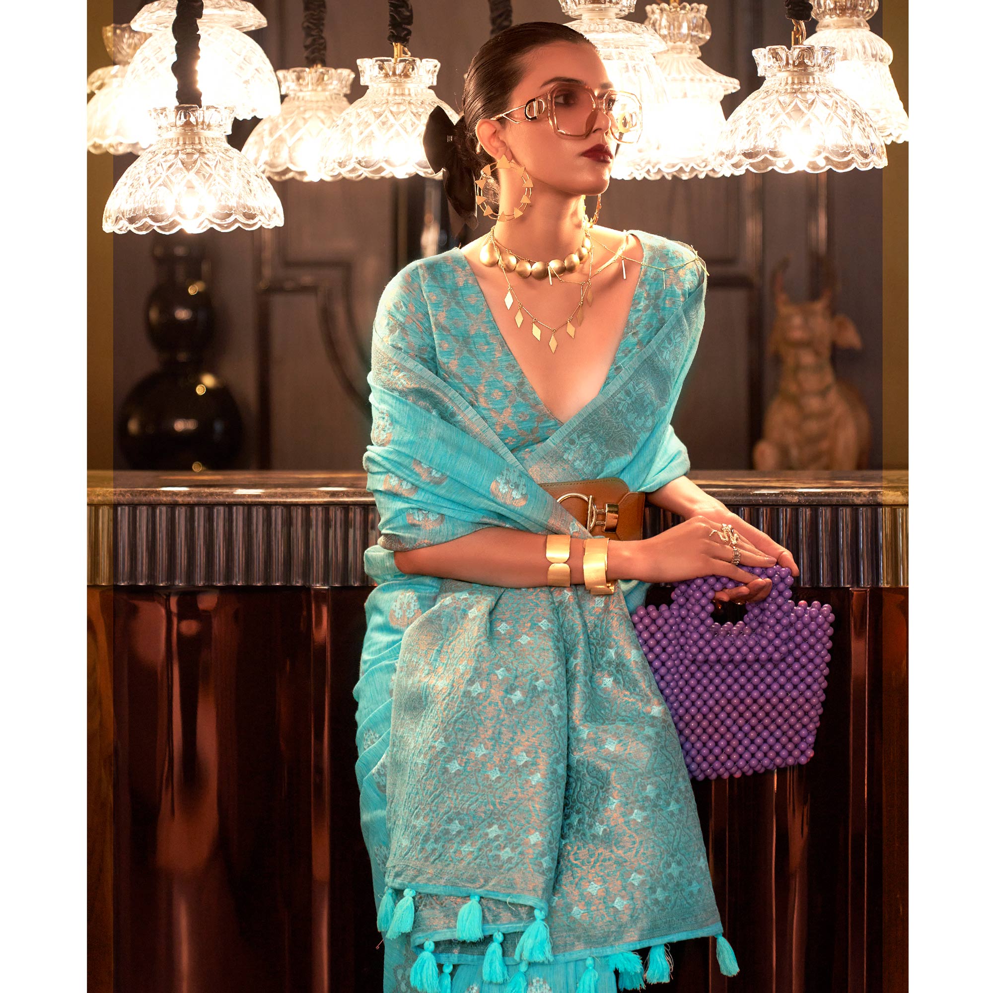 Sky Blue Woven Linen Saree With Tassels