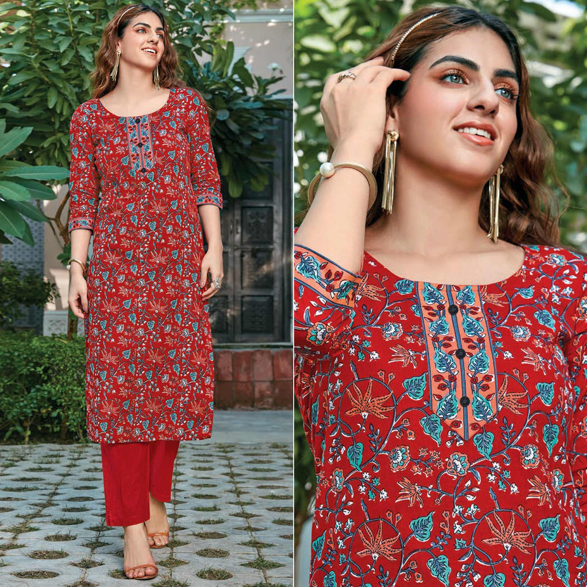 Red Floral Printed Cotton Blend Kurti