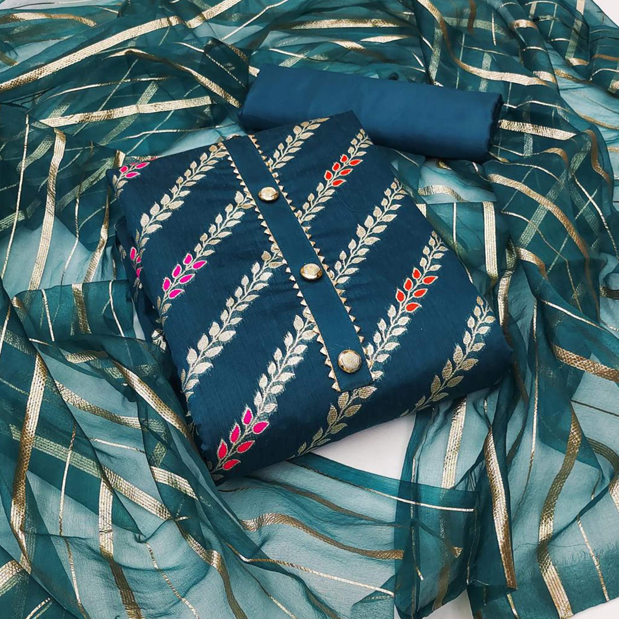 Blue Woven Banarasi Silk Dress Material