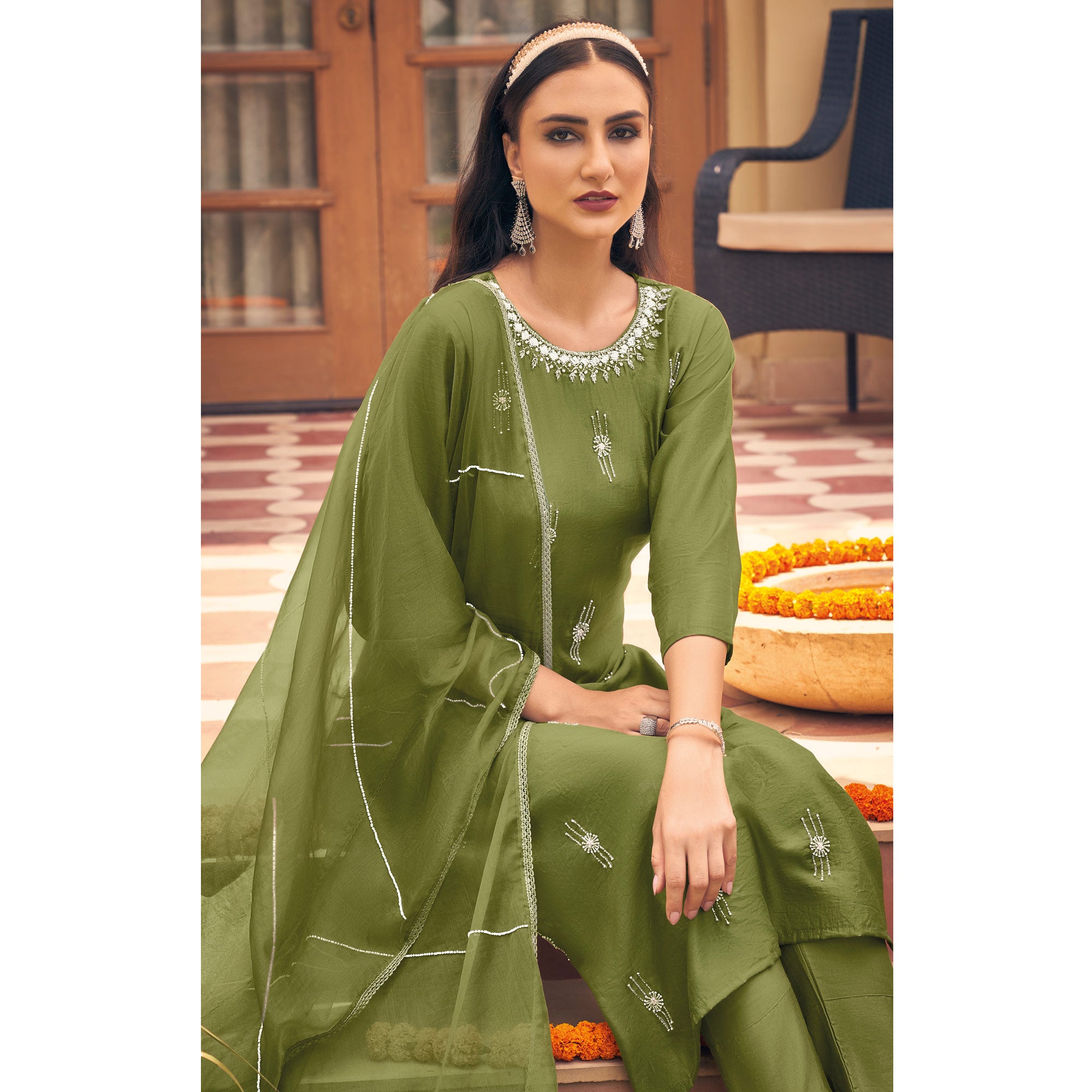 Green Embellished Viscose Salwar Suit