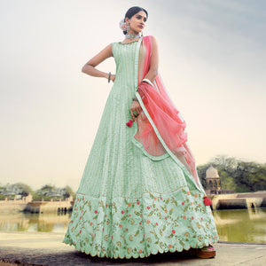 Light Sea Green Sequins Embroidered Raw Silk Gown