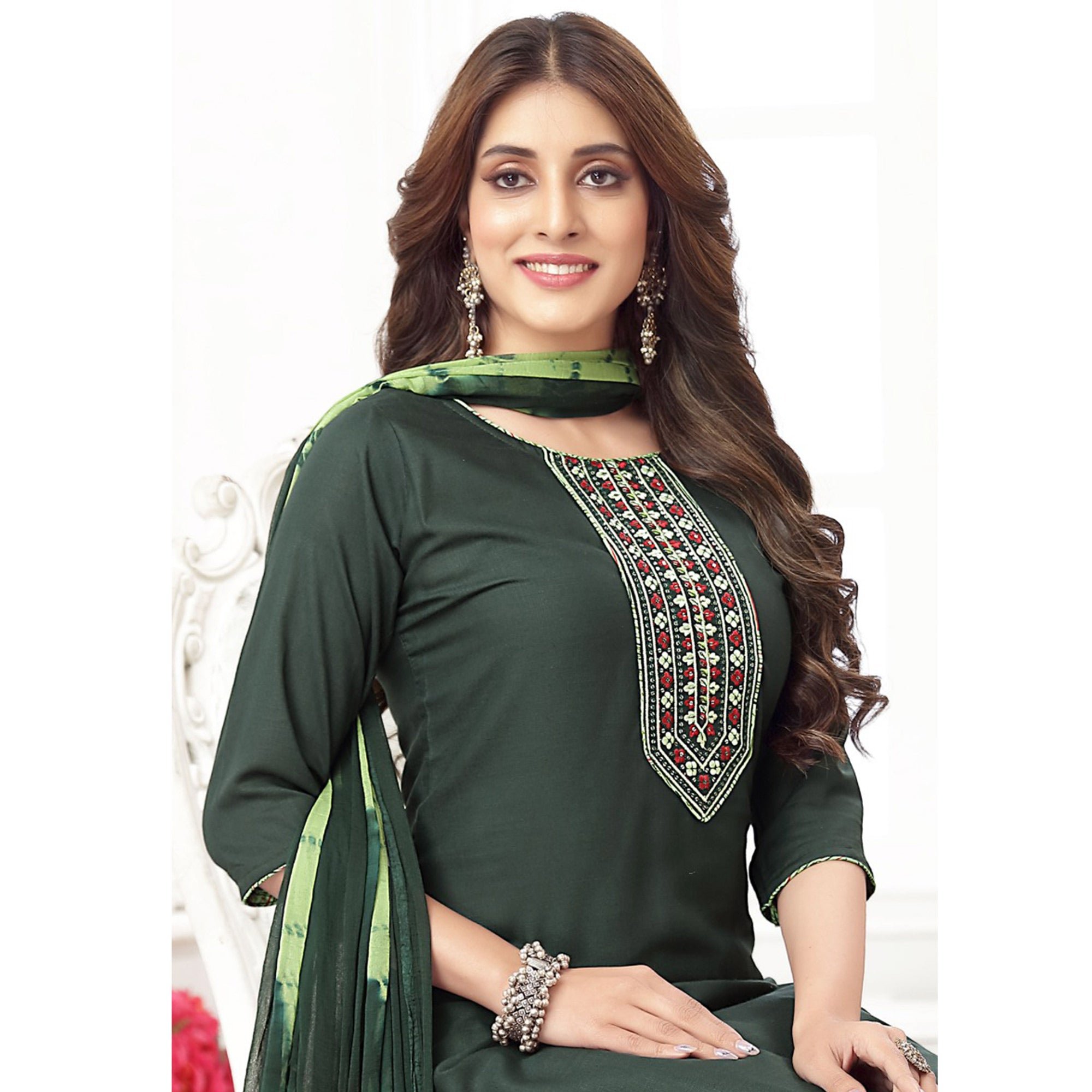 Green Embroidered Rayon Patiala Suit