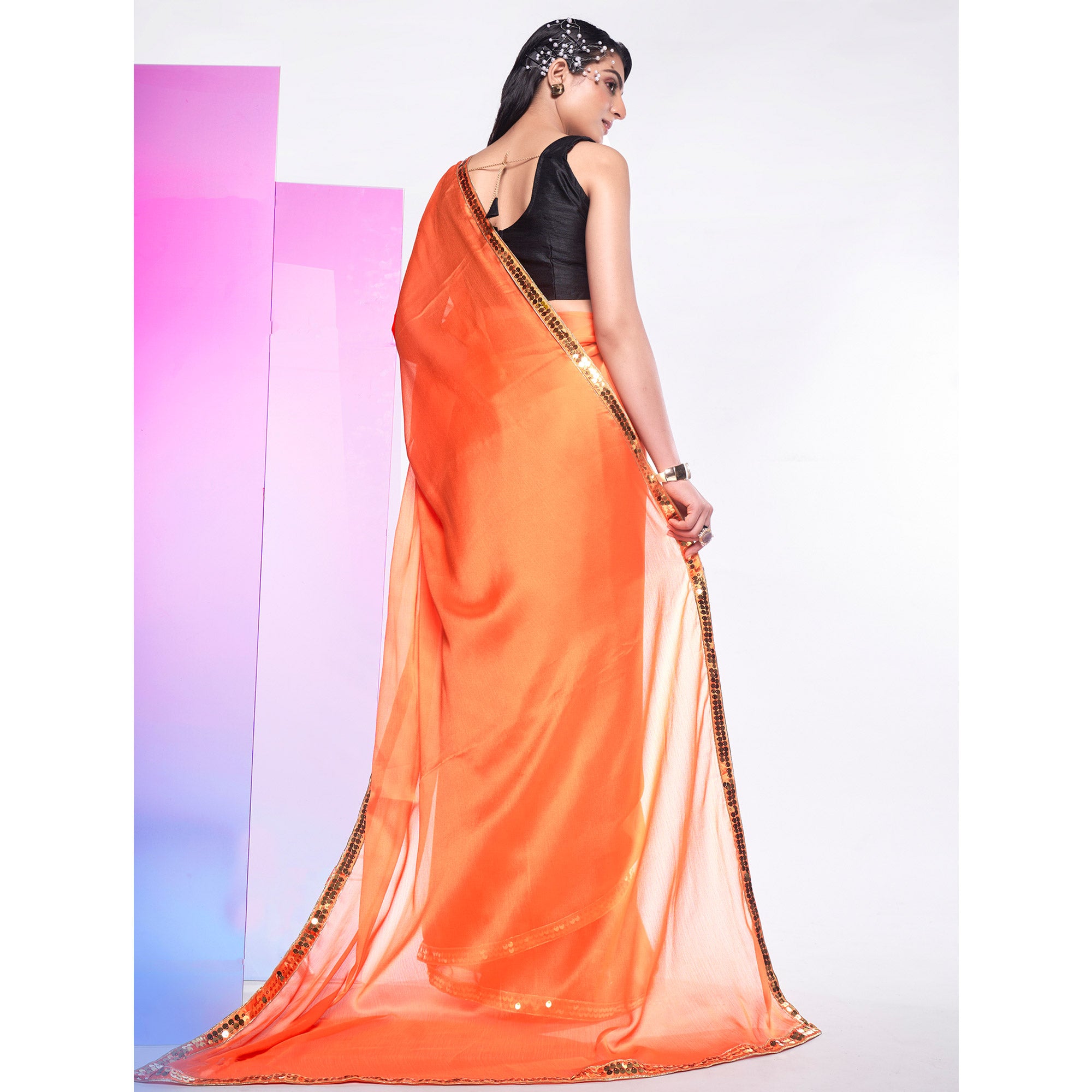 Orange Solid With Embroidered Border Georgette Saree