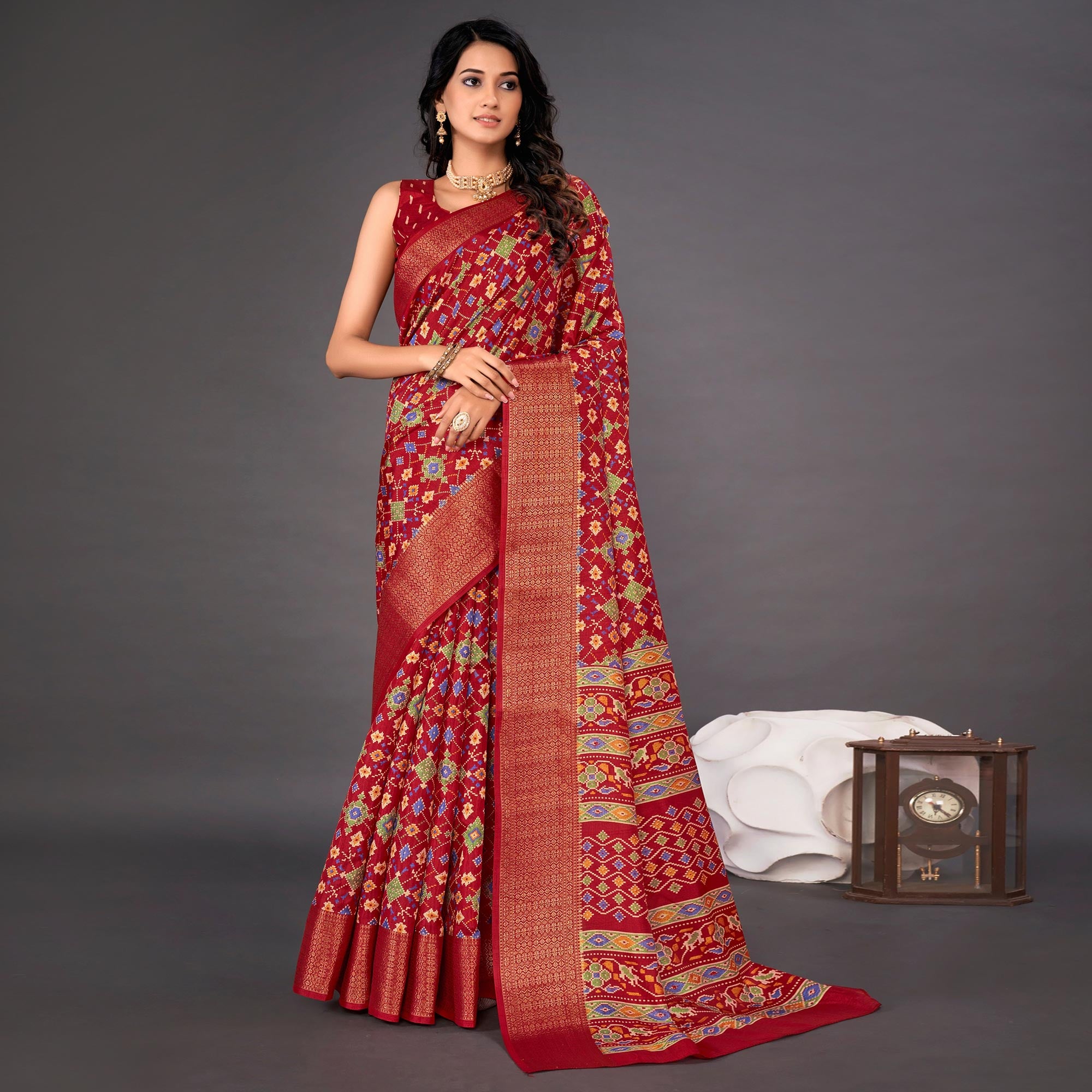 Red Printed Dola Silk Saree