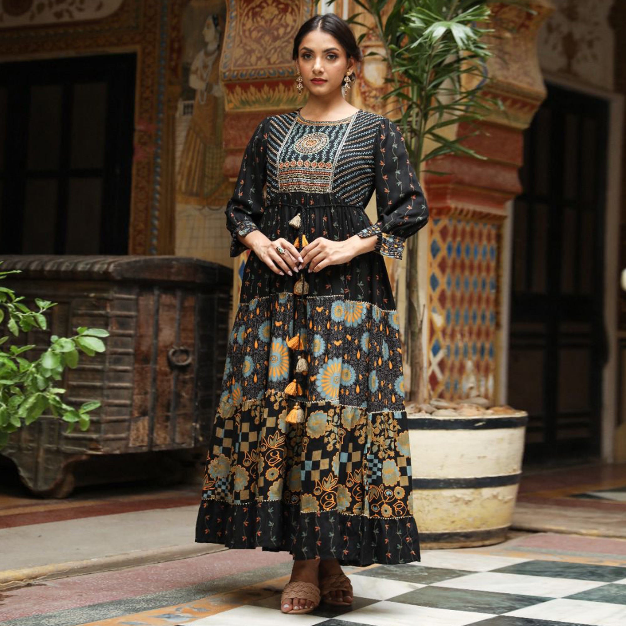 Black Floral Printed With Gota Patti Work Rayon Gown