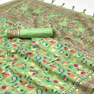 Green Floral Woven Chanderi Saree