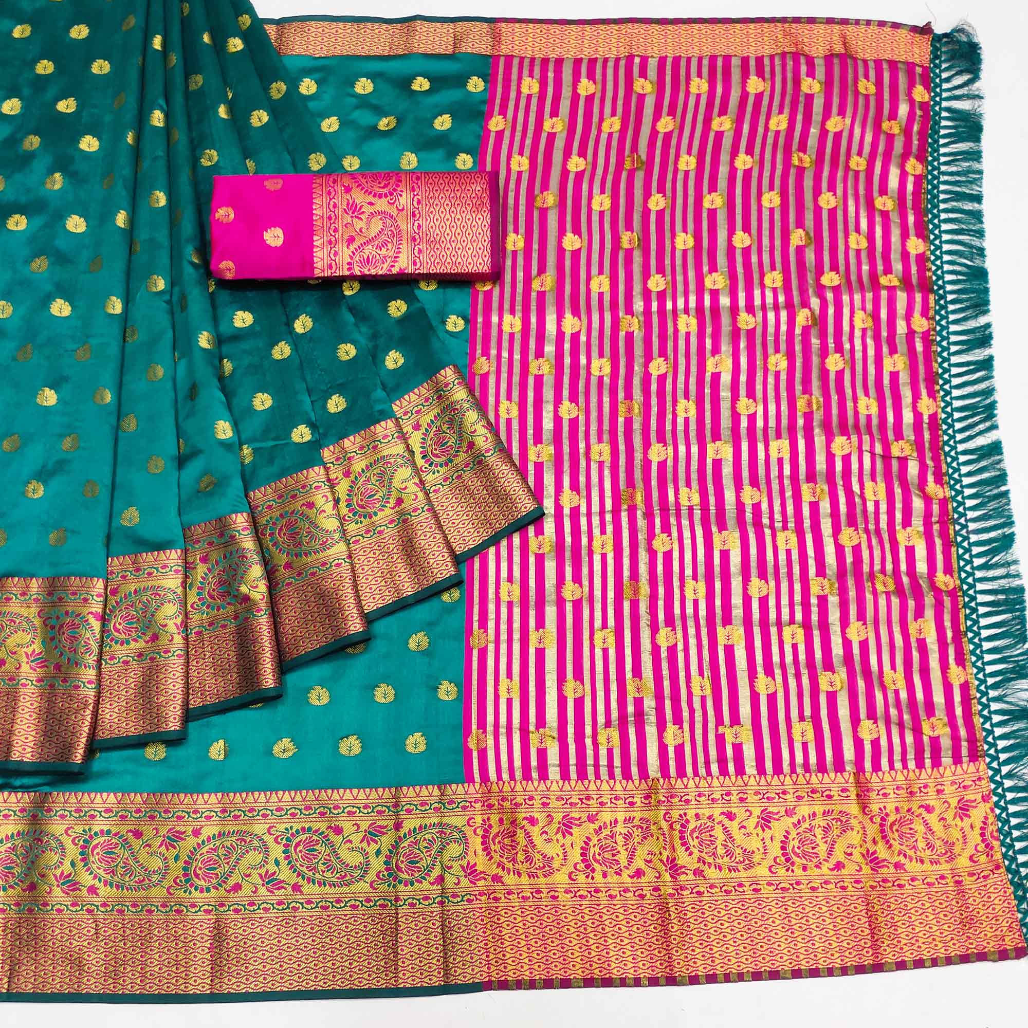 Rama Blue Woven Jacquard Saree With Tassels
