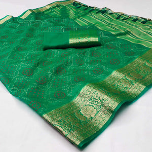 Green Bandhani Printed Organza Saree With Tassels