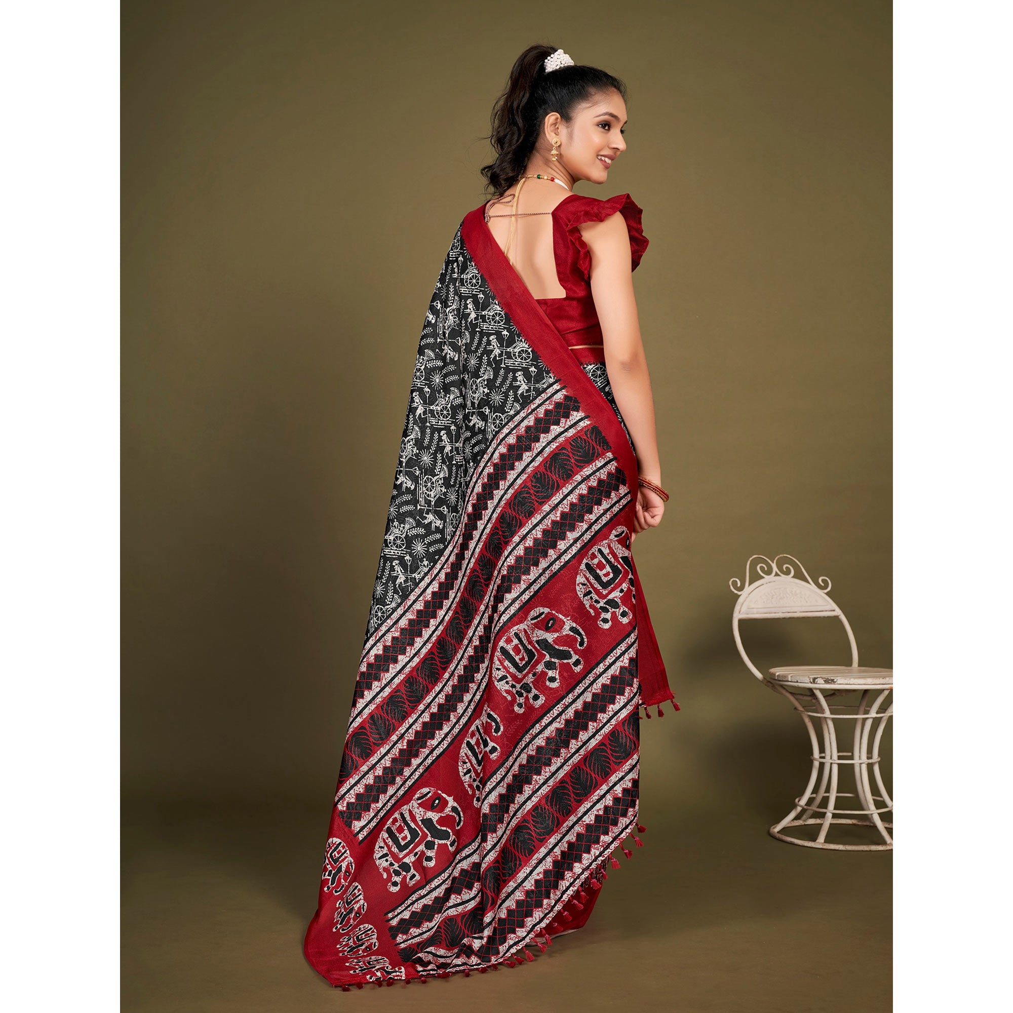 Black Printed Jute Saree With Tassels