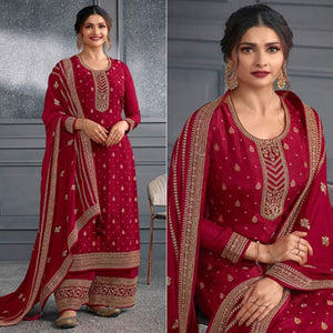 Red Woven With Sequins Embroidered Dola Silk Palazzo Suit