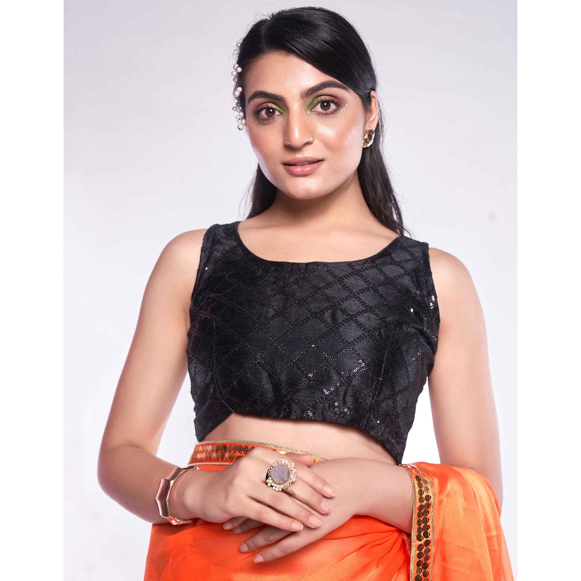 Orange Solid With Embroidered Border Georgette Saree