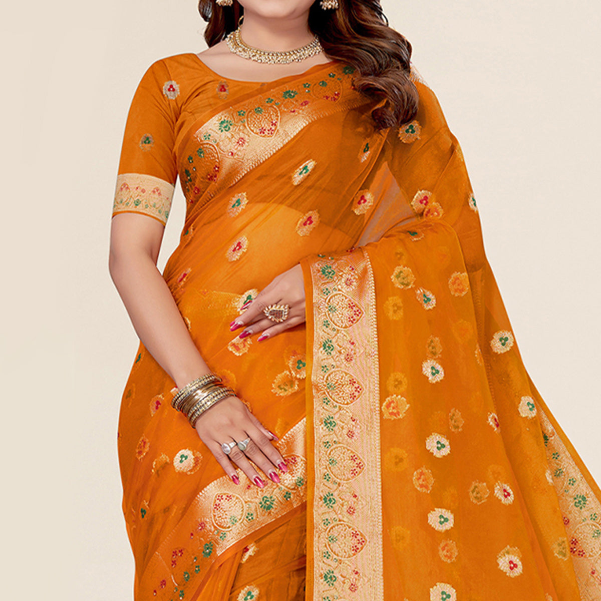 Mustard Yellow Woven Organza Saree With Tassels