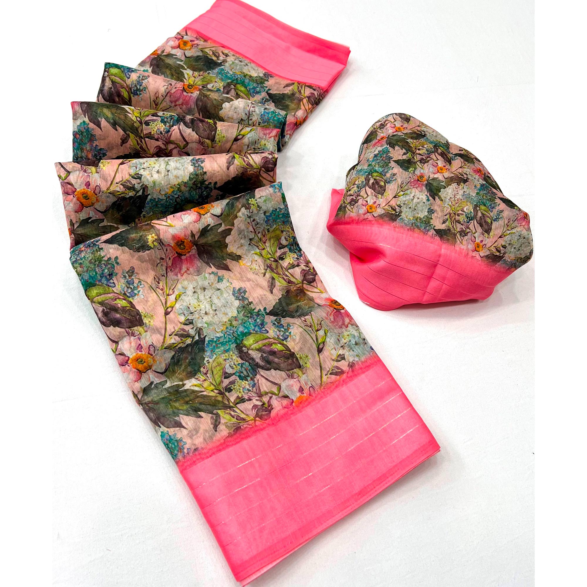 Light Pink Digital Printed Cotton Blend Saree