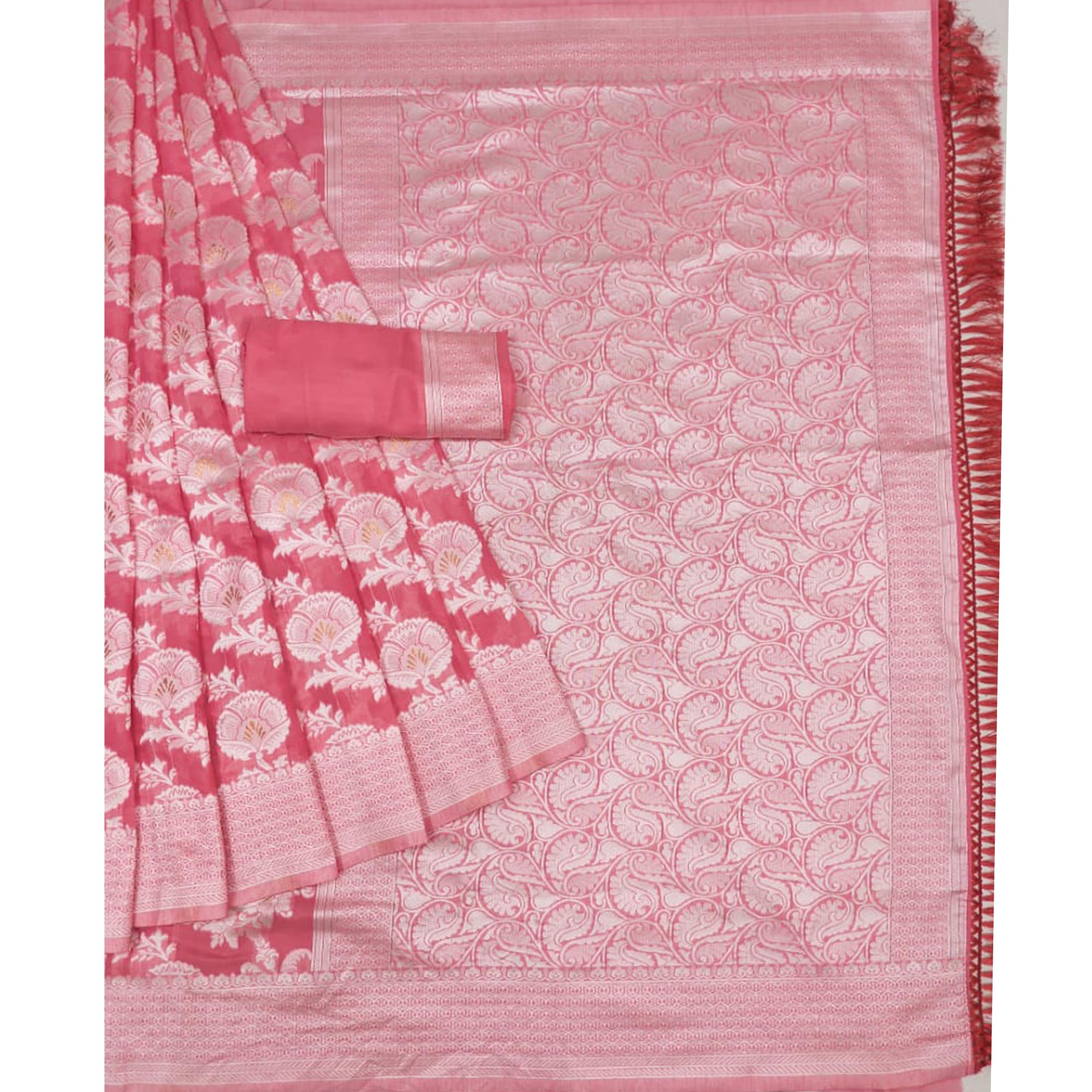 Rose Pink Woven Cotton Blend Saree With Tassels