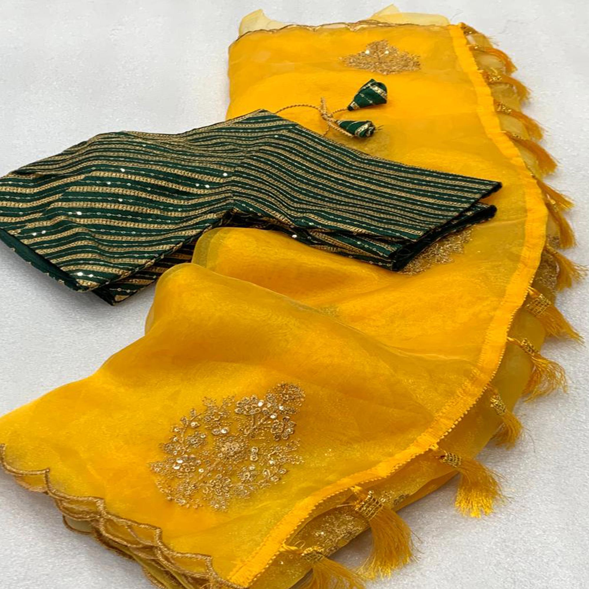 Yellow Sequins Floral Embroidered Organza Saree