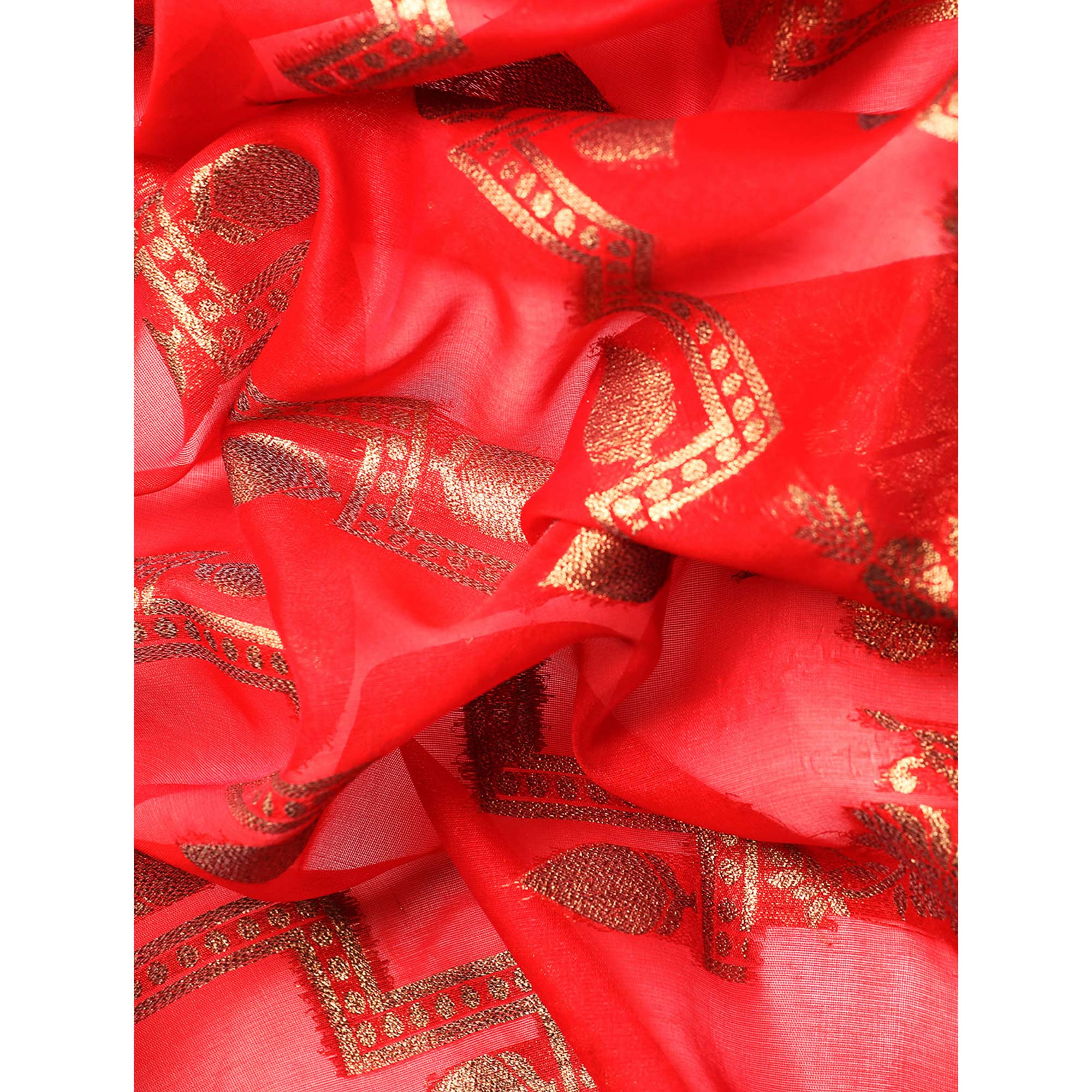Red Floral Woven Organza Silk Saree With Tassels
