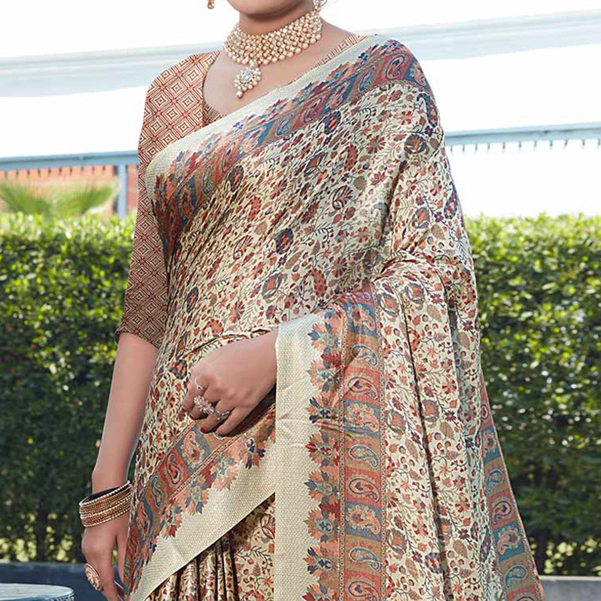 Beige Digital Printed Pashmina Saree