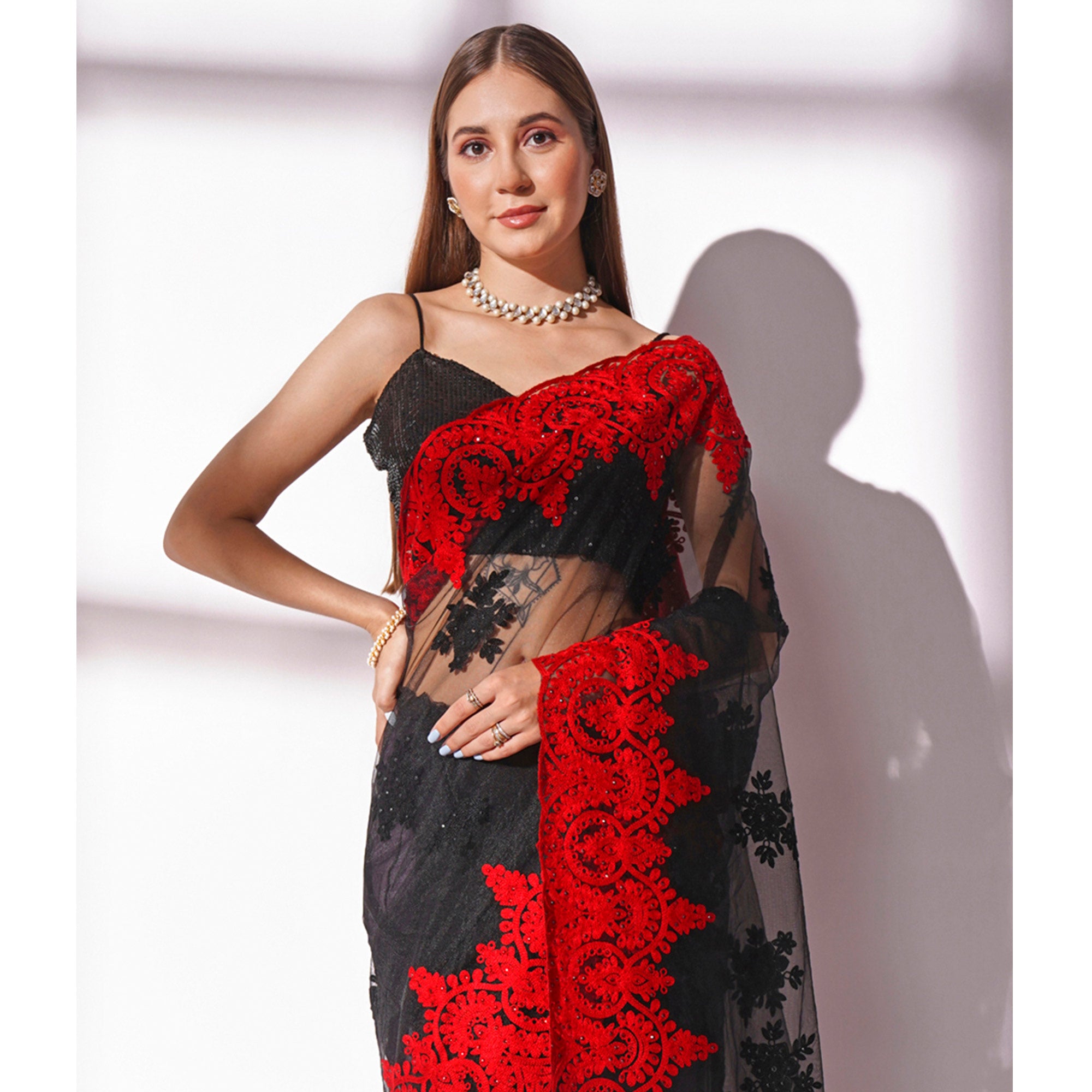 Black Floral Embroidered Net Saree