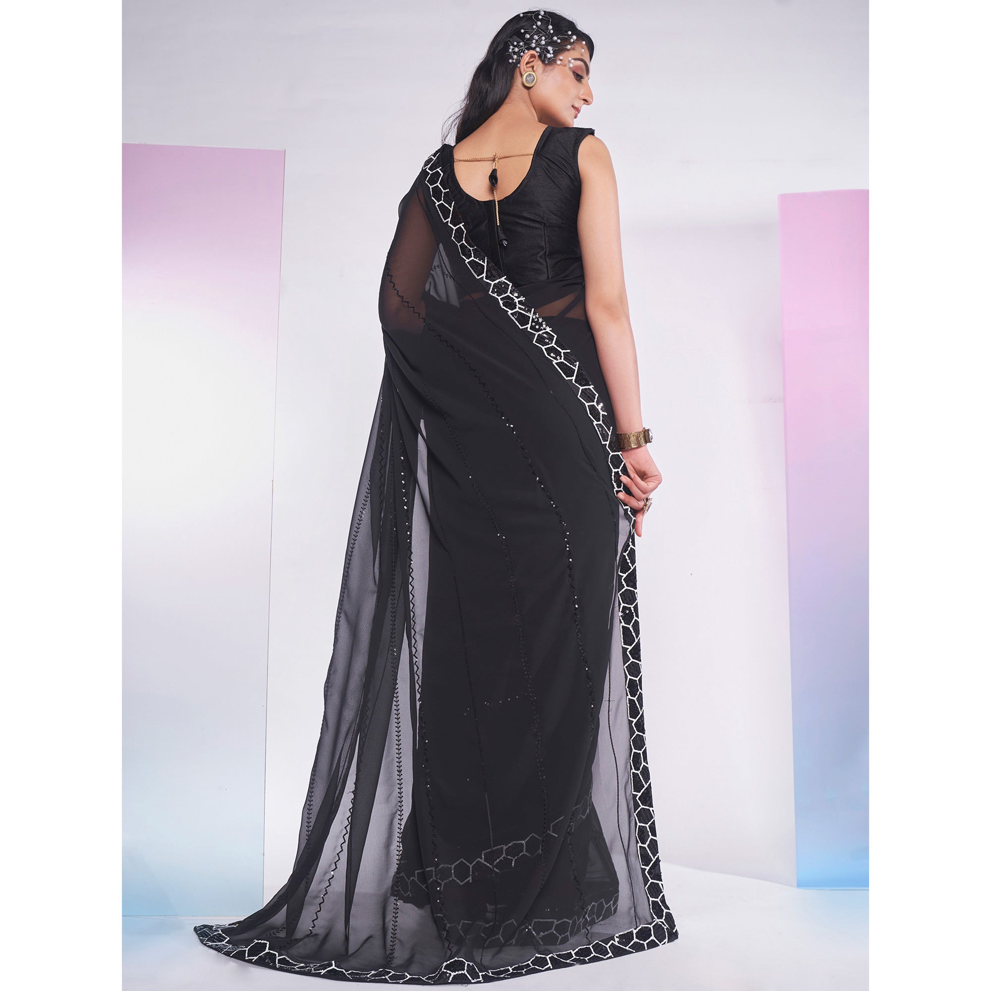 Black Sequins Embroidered Georgette Saree