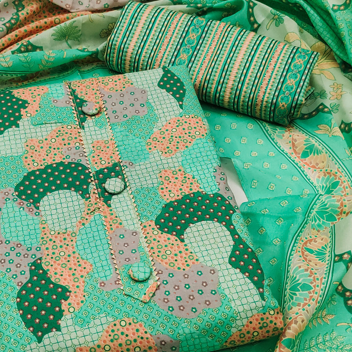 Green Printed Cotton Blend Dress Material