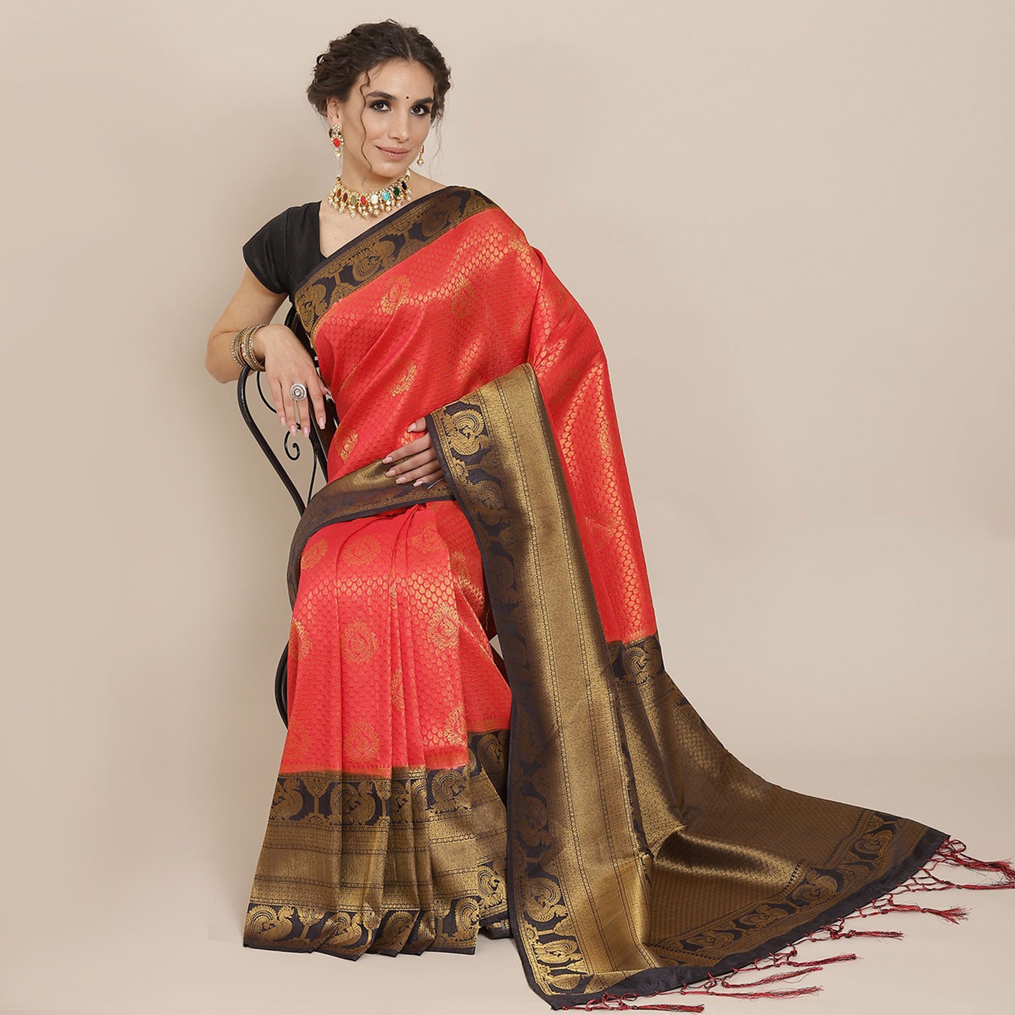 Red Woven Kanjivaram Silk Saree WithTassels
