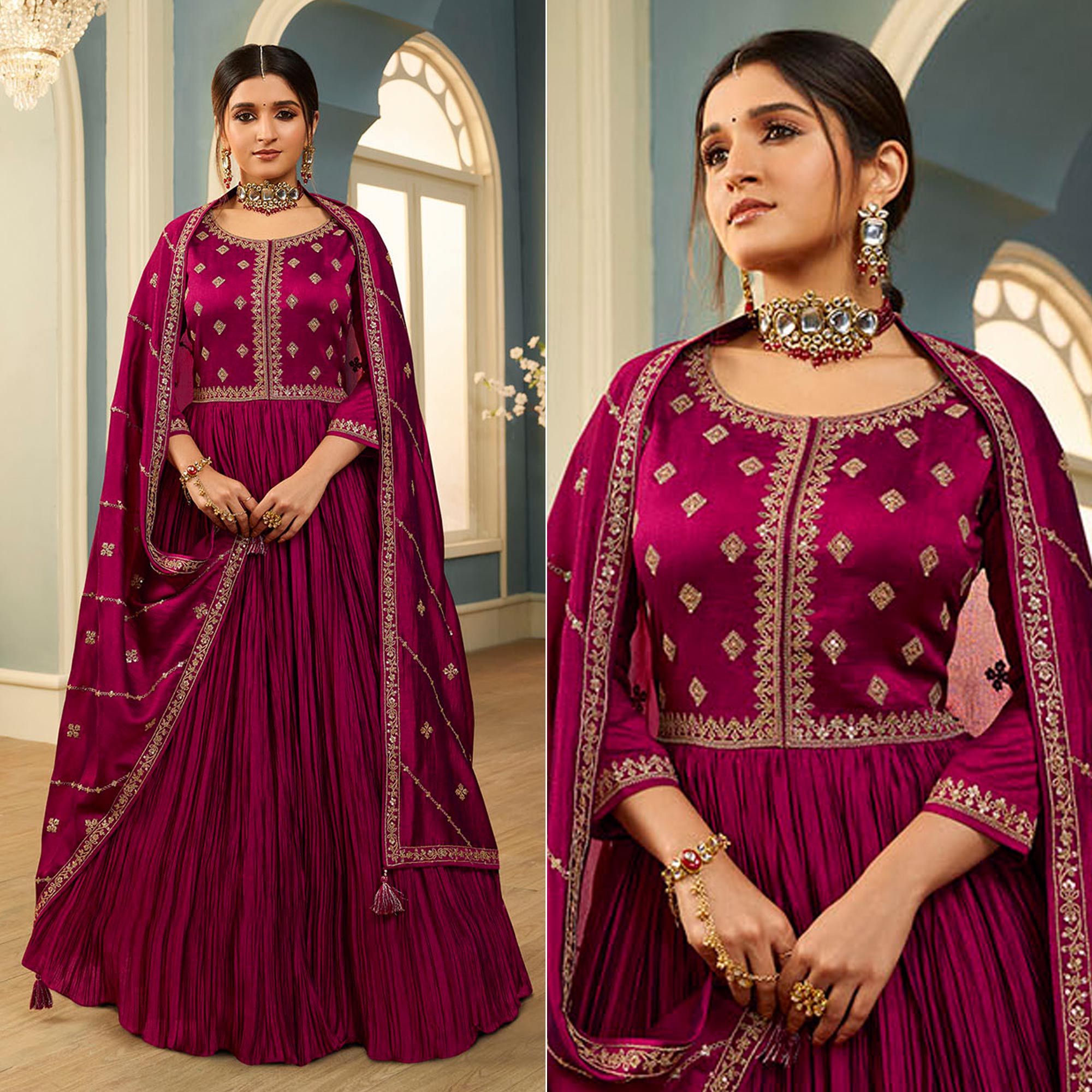 Wine Embroidered Georgette Gown