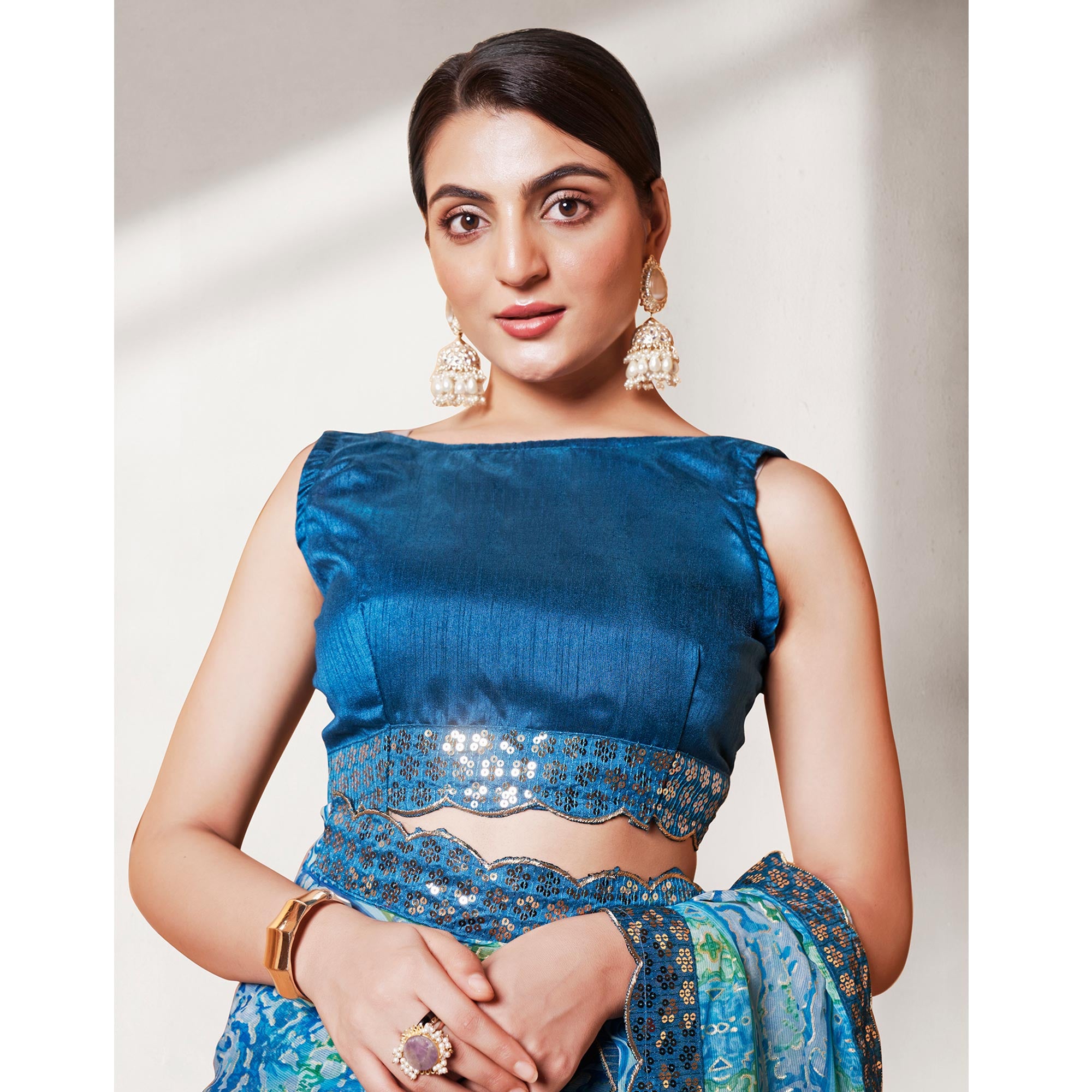 Blue Printed With Sequins Border Georgette Saree