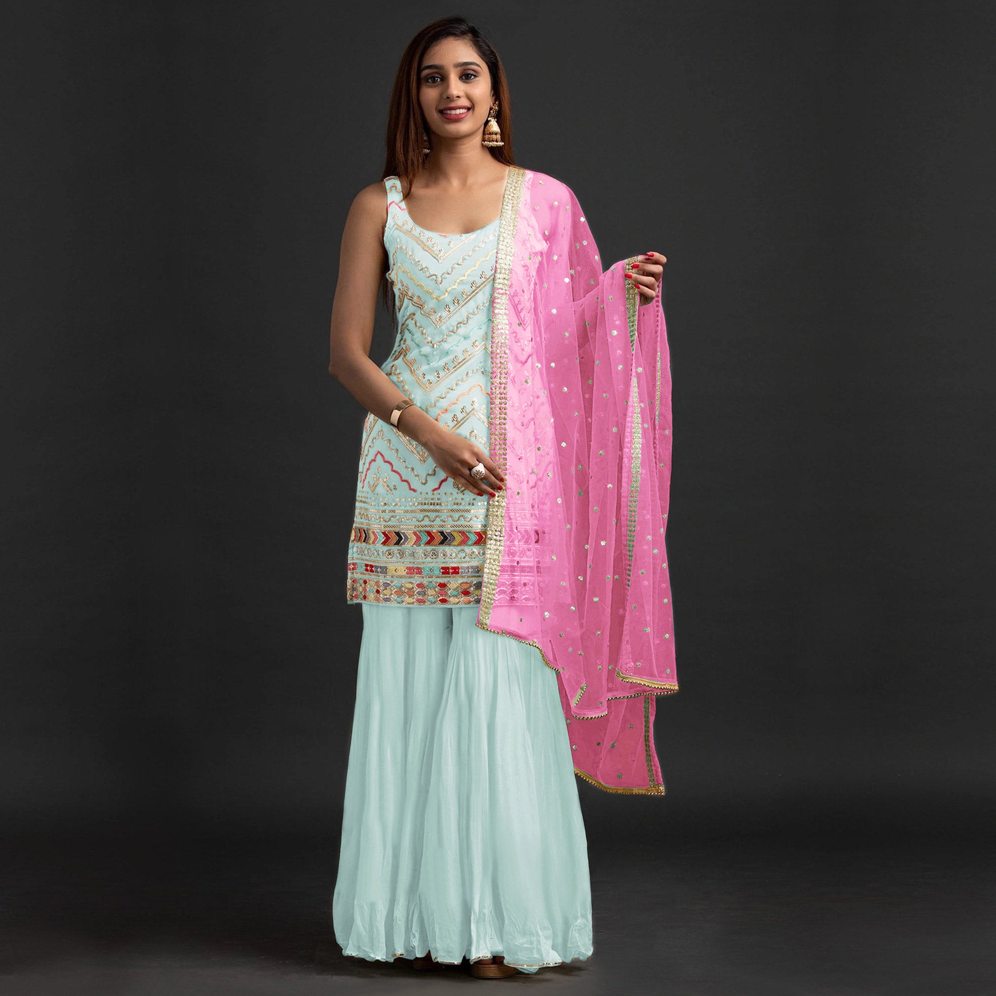 Aqua Blue Embroidered Georgette Sharara Suit