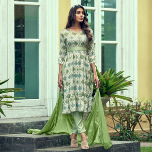 Green Printed With Mirror Work Rayon Naira Cut Suit