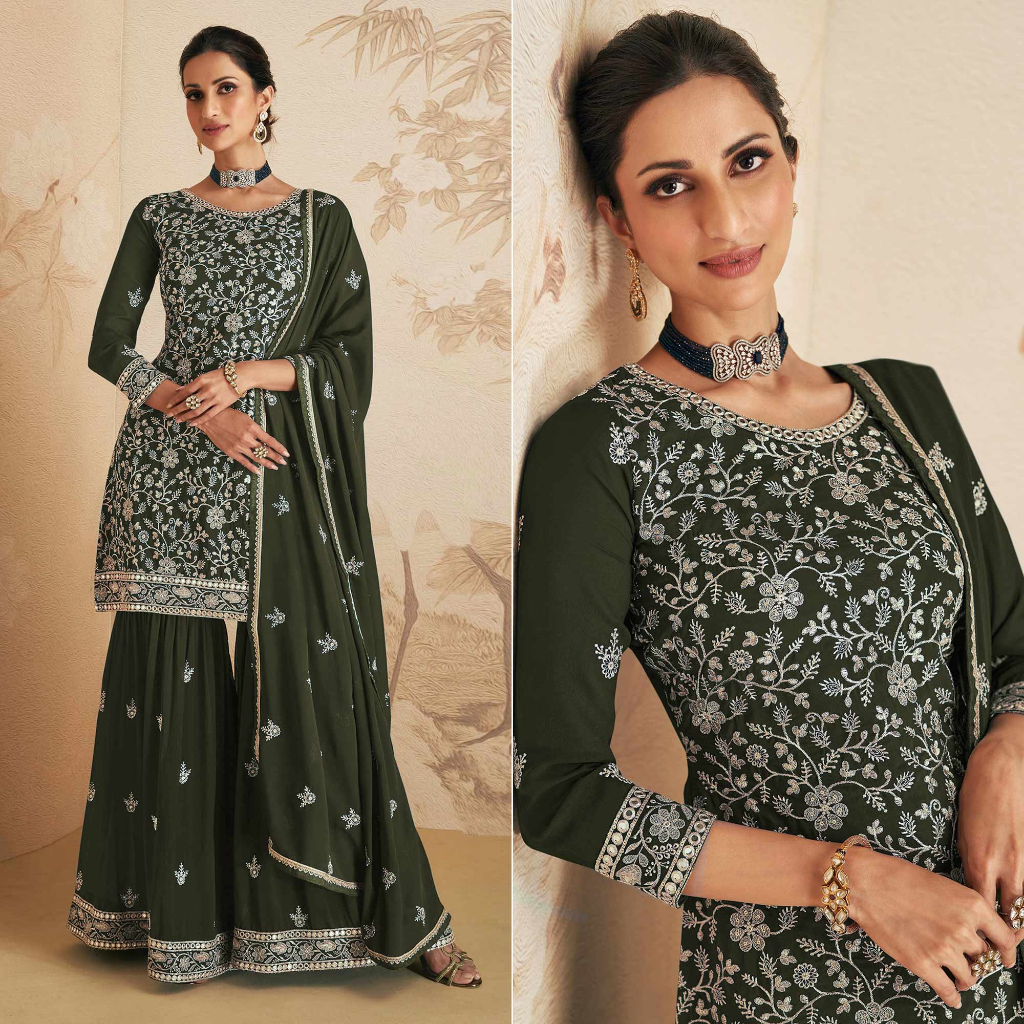 Dark Olive Green Sequins Embroidered Georgette Semi Stitched Sharara Suit