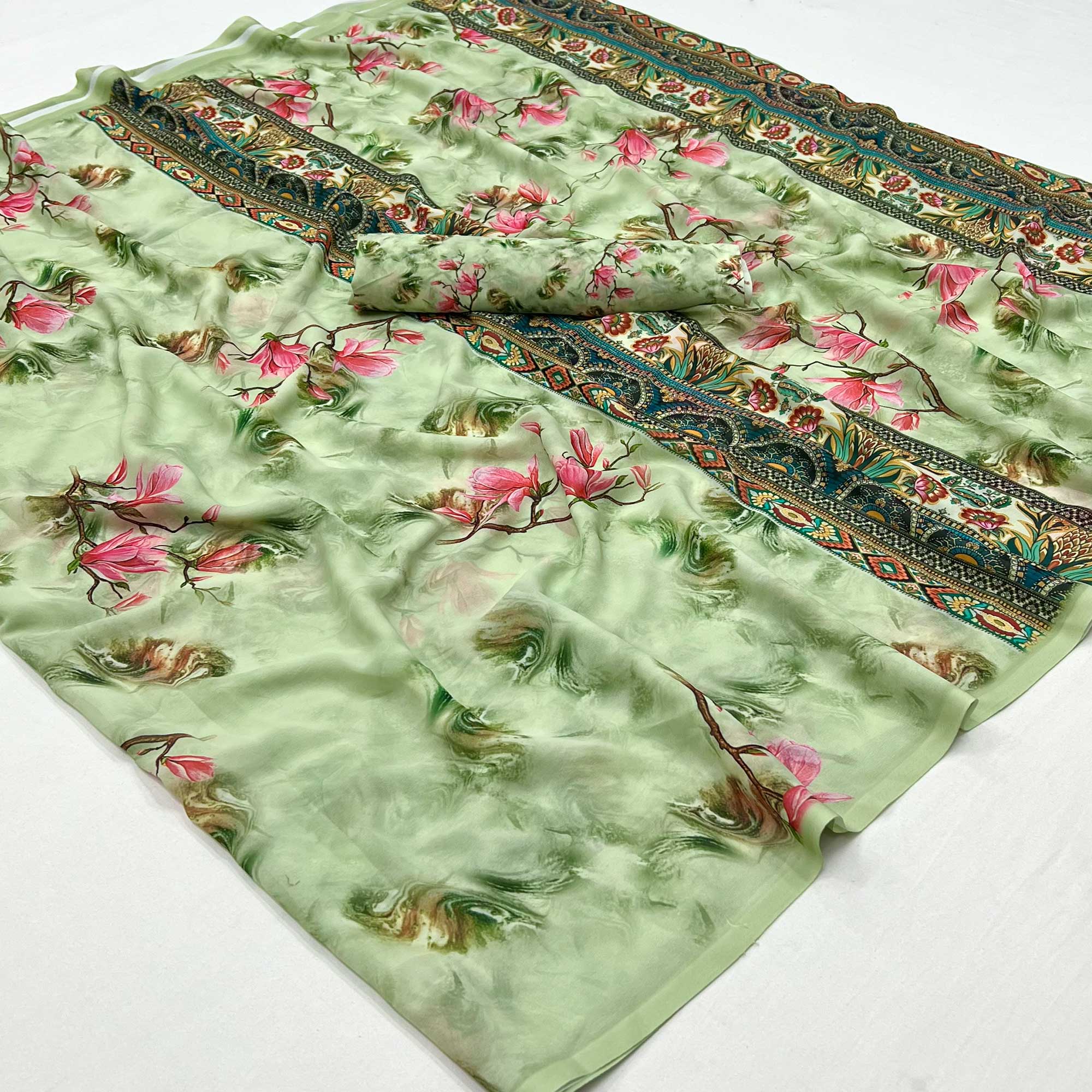 Green Floral Digital Printed Georgette Saree