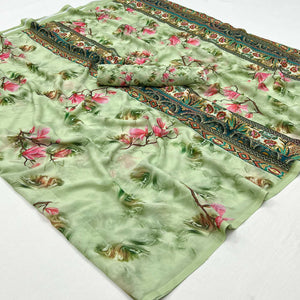Green Floral Digital Printed Georgette Saree