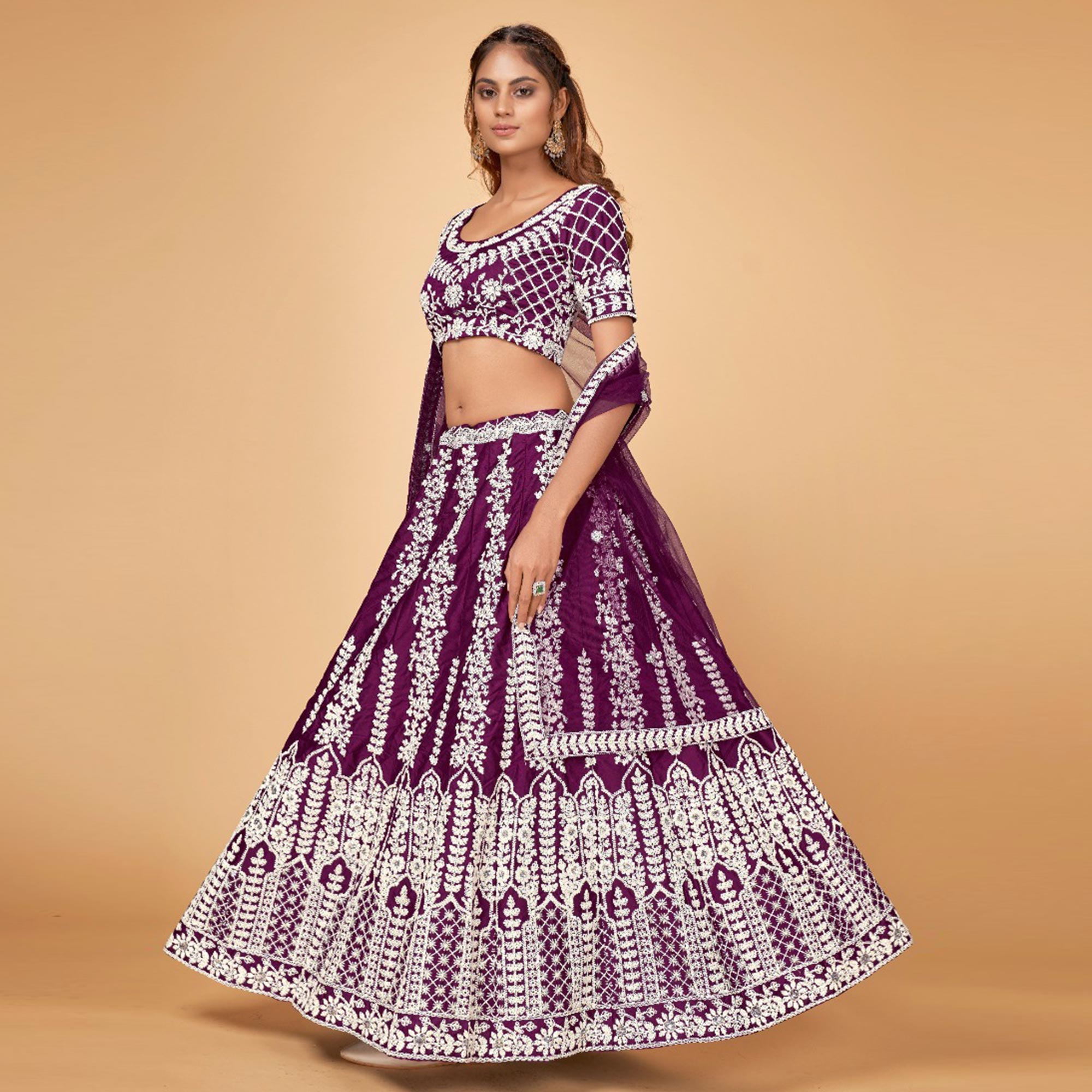 Purple Floral Embroidered Chiffon Lehenga Choli
