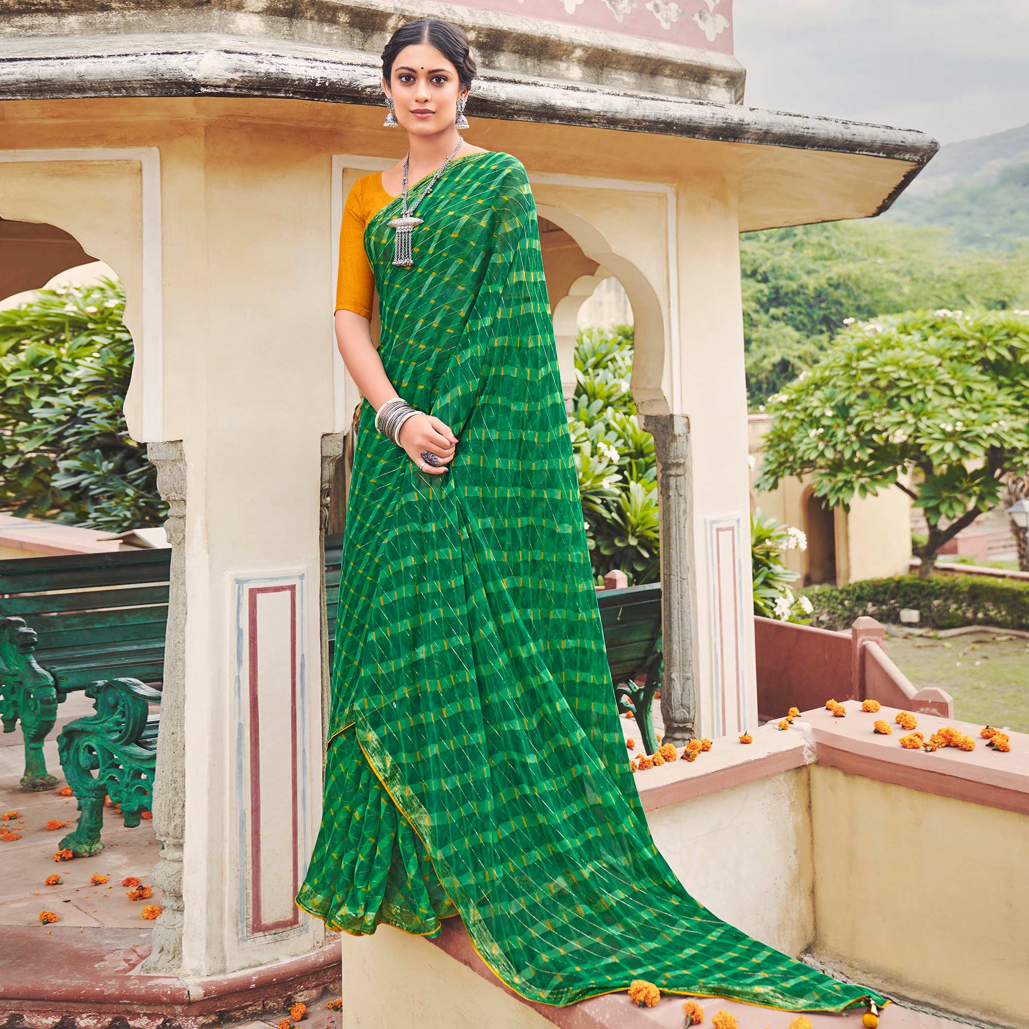 Green Printed Chiffon Saree