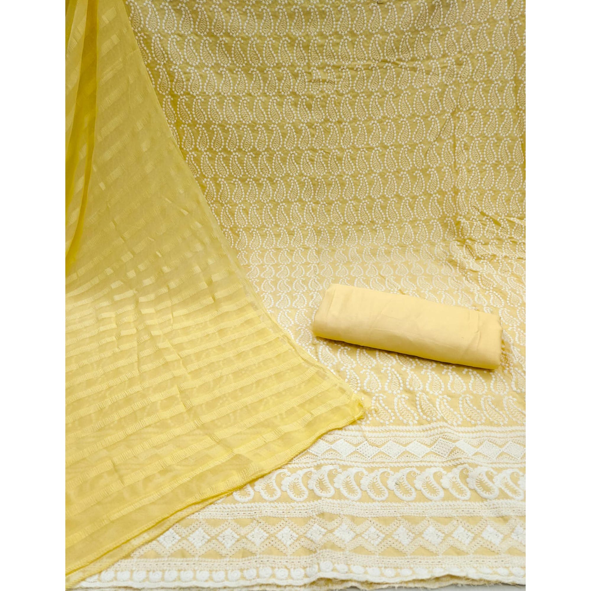 Yellow Embroidered Cotton Blend Dress Material
