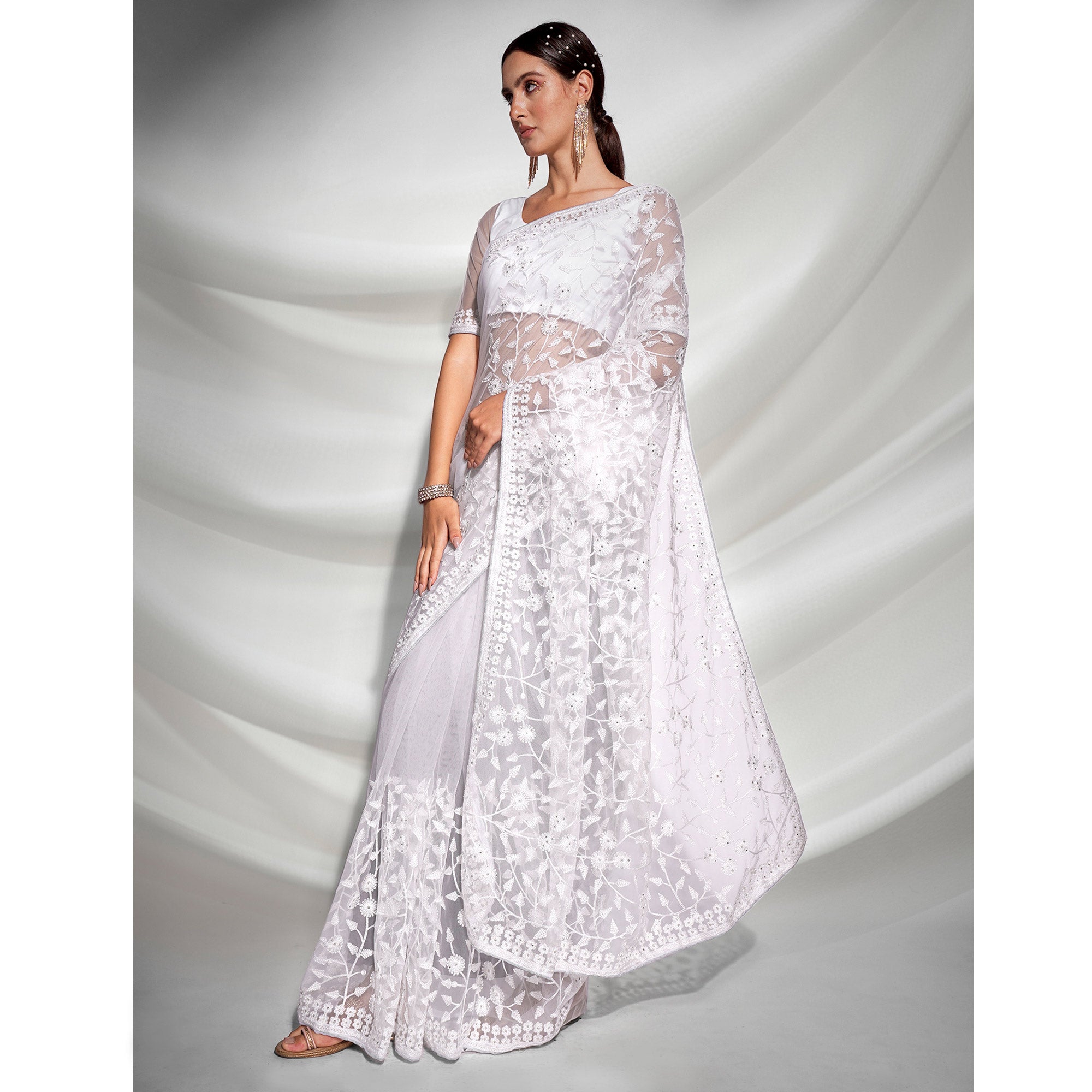 White Floral Embroidered Soft Net Saree