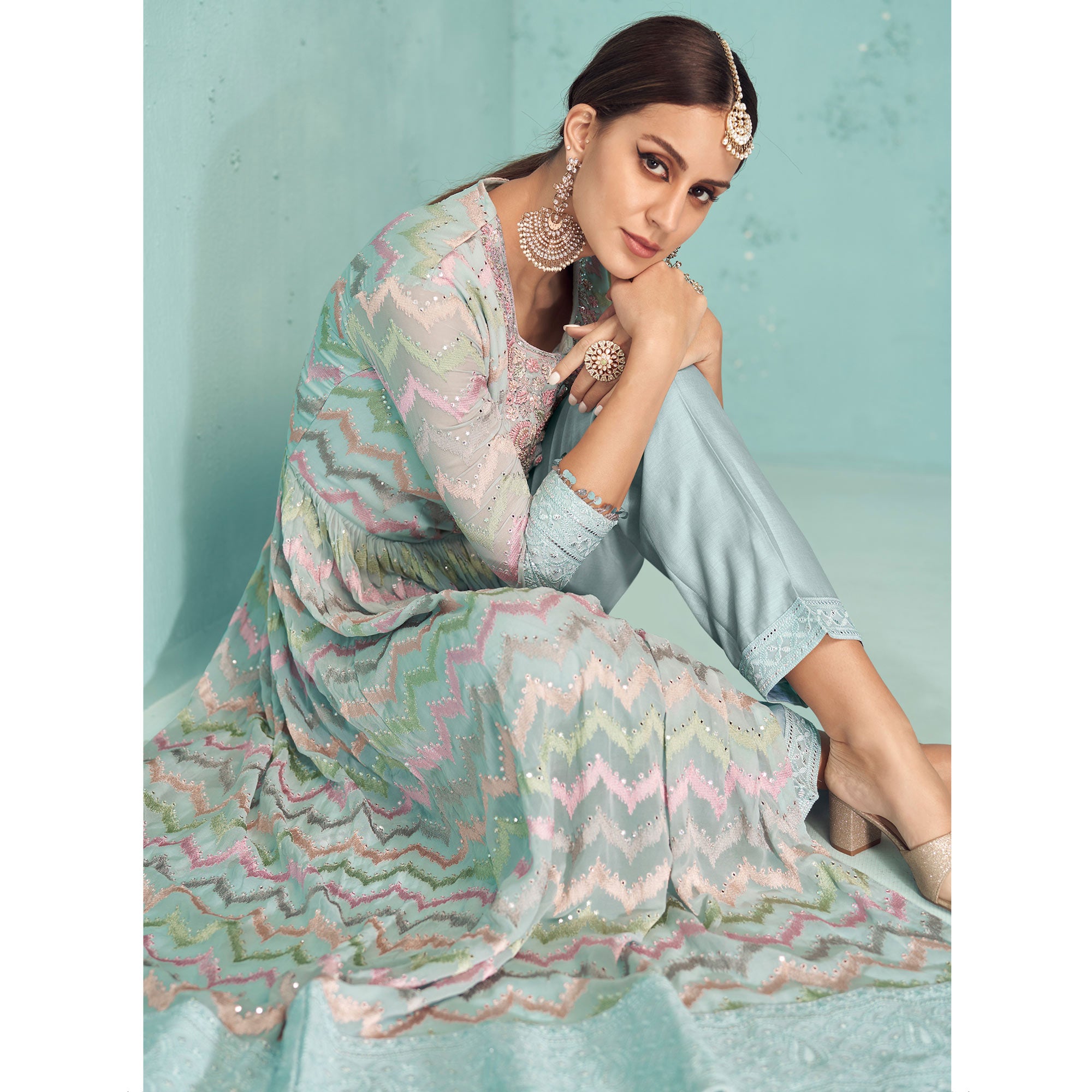 Blue Sequins Floral Embroidered Georgette Suit