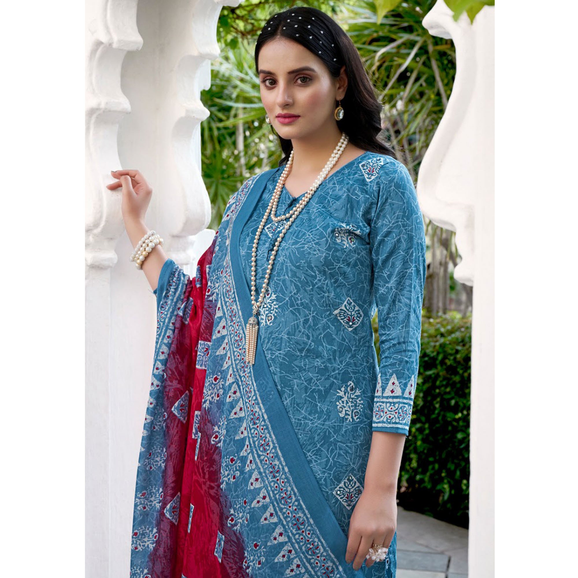 Blue Digital Printed With Mirror Work Pure Cotton Suit